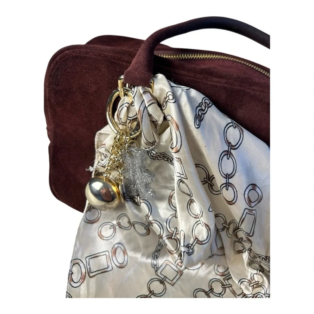 ISADORA Wine Suede Genuine Leather Chic Suede Satchel with bag charms and scarf